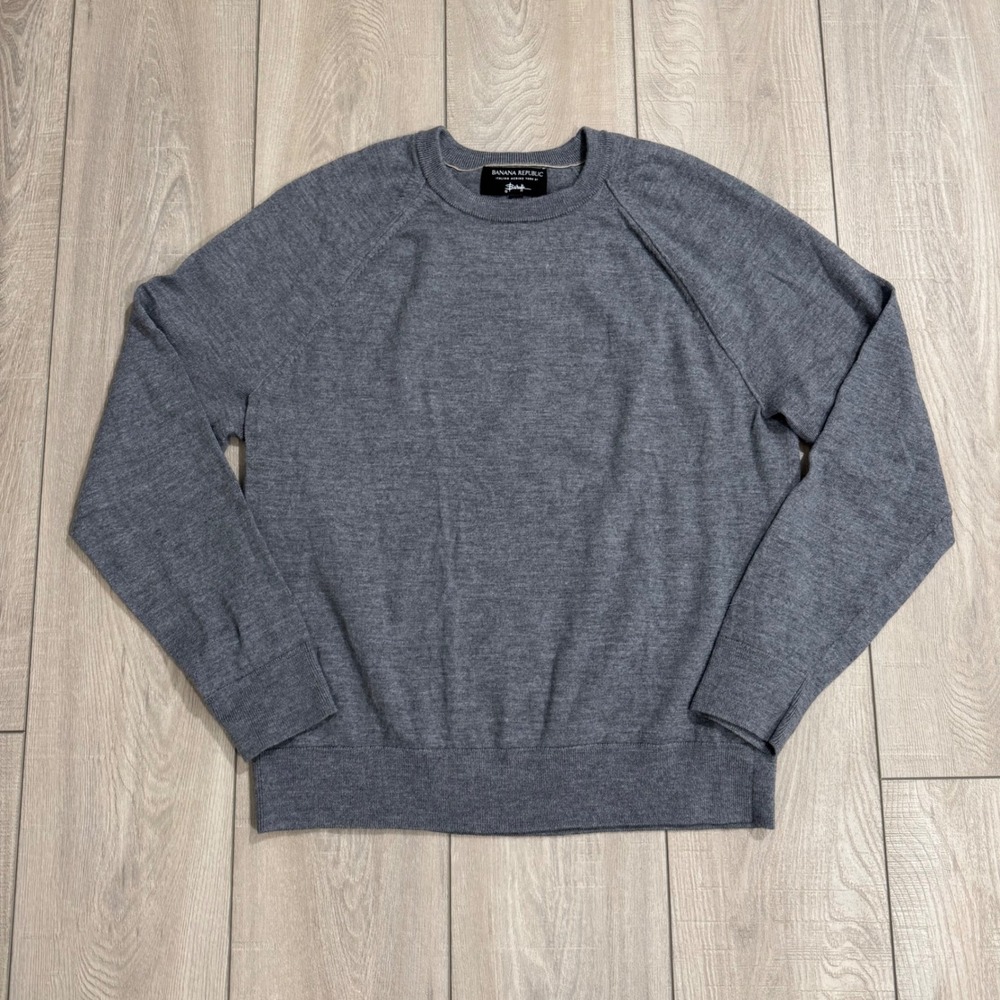 Banana Republic Sweater Mens Large Grey Italian Merino Wool Raglan Crewneck